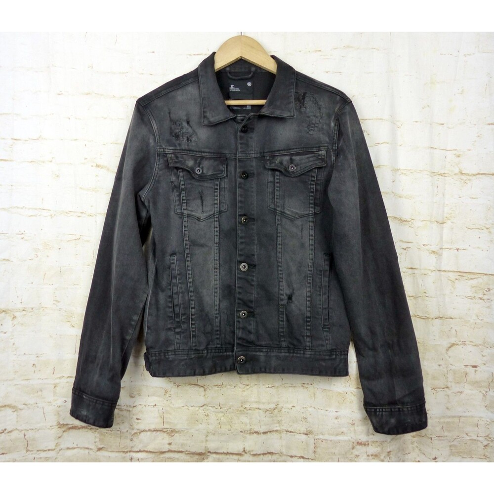 Distressed Denim Jacket Womens XL Black Washed Stretch Trucker Grunge Rock Punk